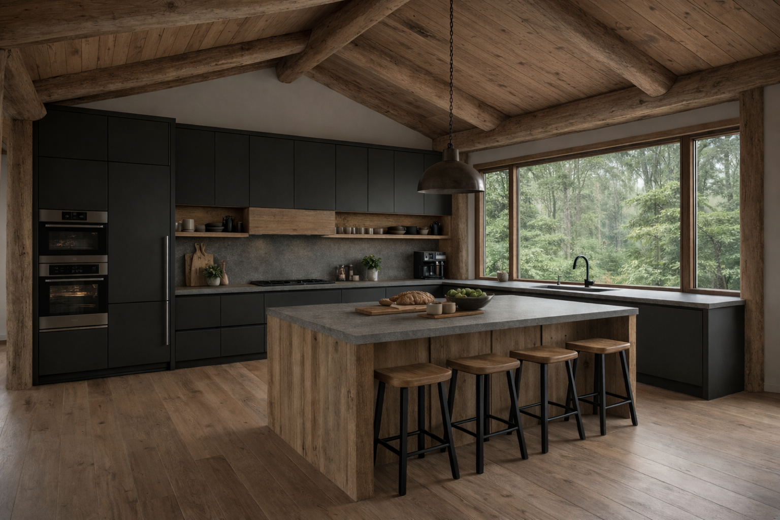 Casa Modelo Epulef cocina premium con gabinetes negro mate y vigas de madera - Interior diseño rústico moderno Villarrica