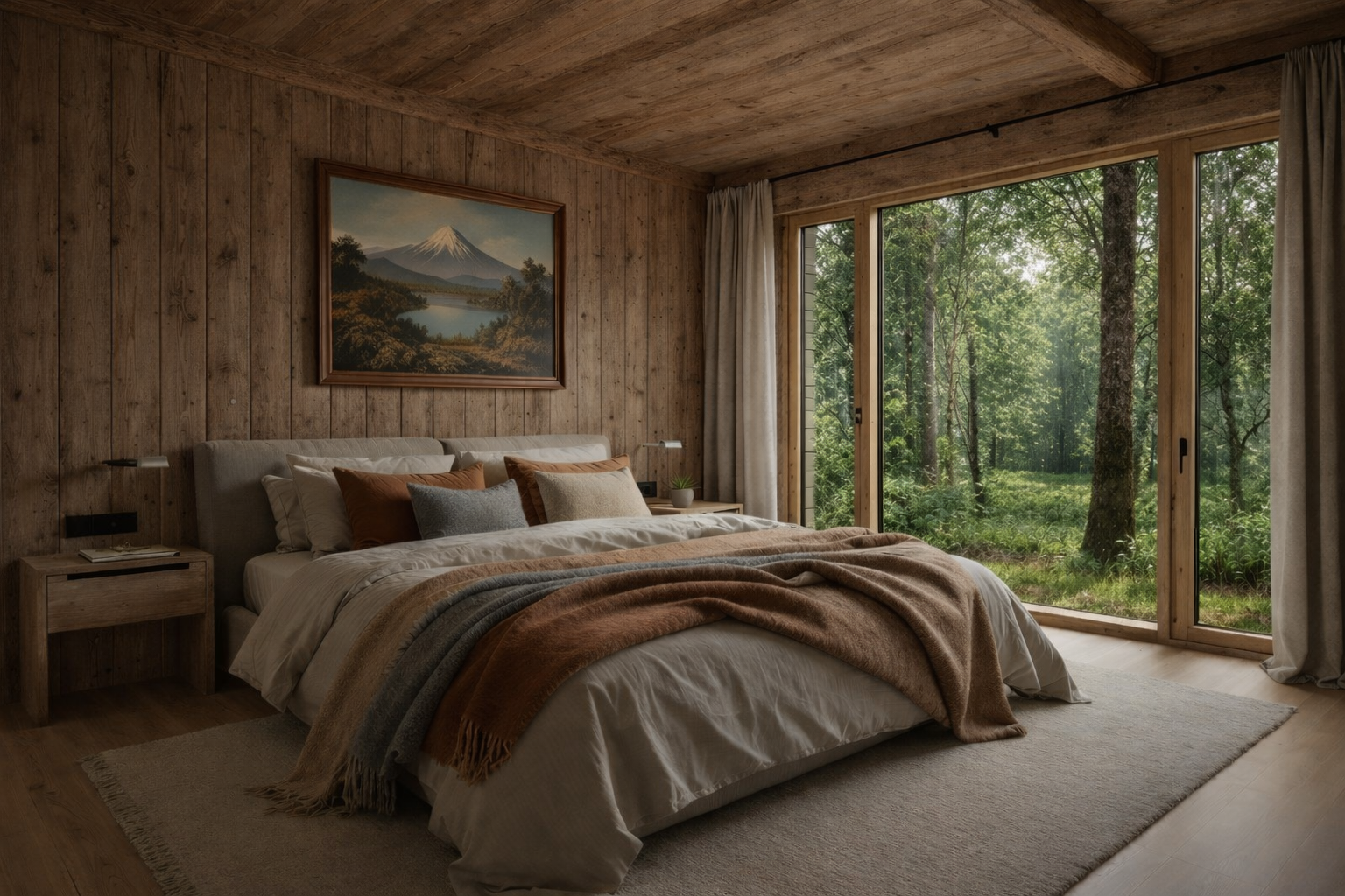 Casa Modelo Epulef dormitorio principal con madera rústica y textiles premium - Habitación de lujo Villarrica sur de Chile