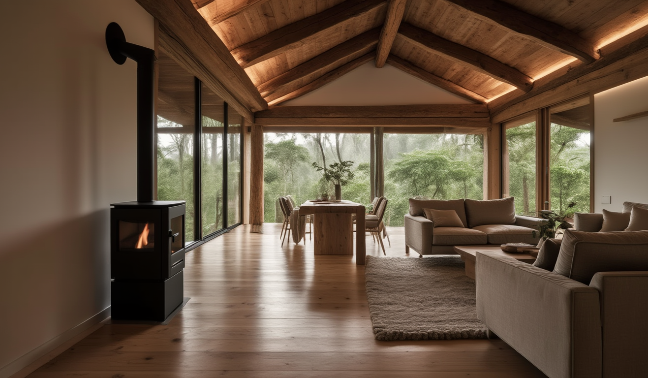 Casa Modelo Epulef living comedor con vigas de madera a la vista y estufa cilíndrica - Interior diseño rústico premium Villarrica