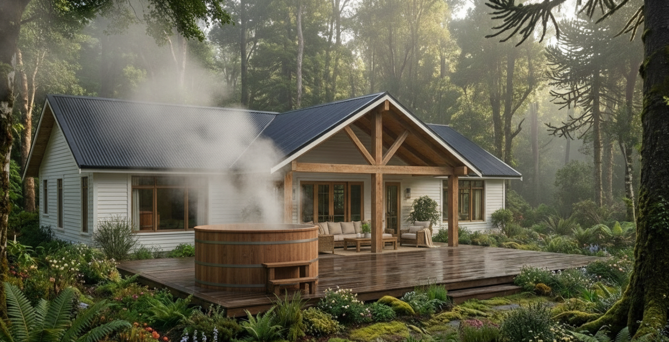 Casa Modelo Epulef terraza exterior con tinaja familiar de madera y deck - Experiencia aguas termales Villarrica sur de Chile