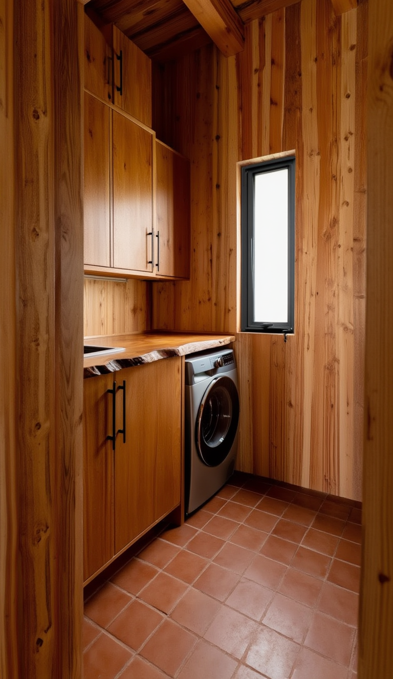 Casa Paillalef lavandería con revestimiento de madera machimbre y encimera de borde vivo - Espacio de servicio premium Villarrica sur de Chile zona lacustre