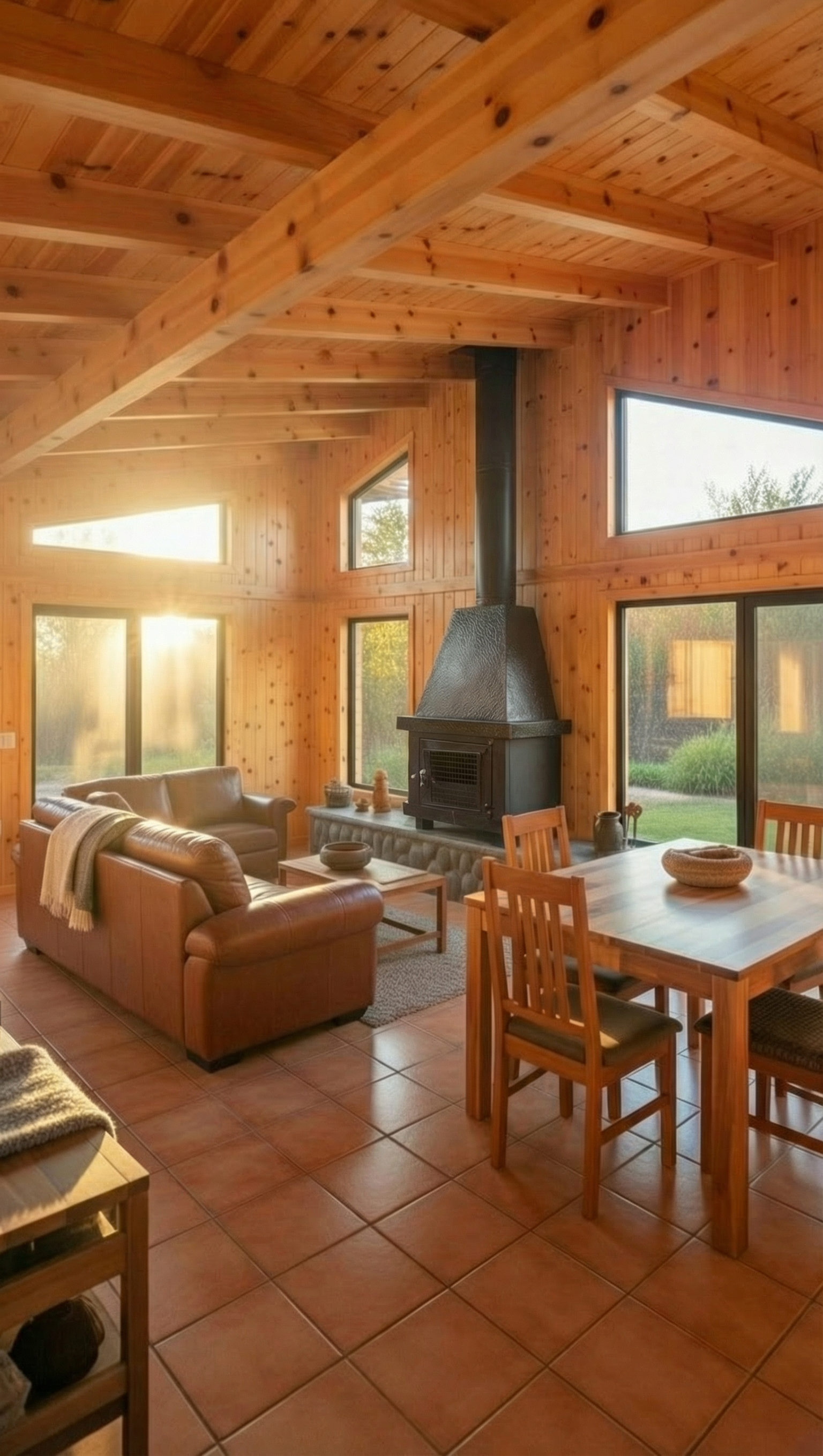 Casa Paillalef living comedor con estufa de combustión lenta y ventanales de aluminio negro - Interior premium rústico Villarrica zona lacustre sur de Chile