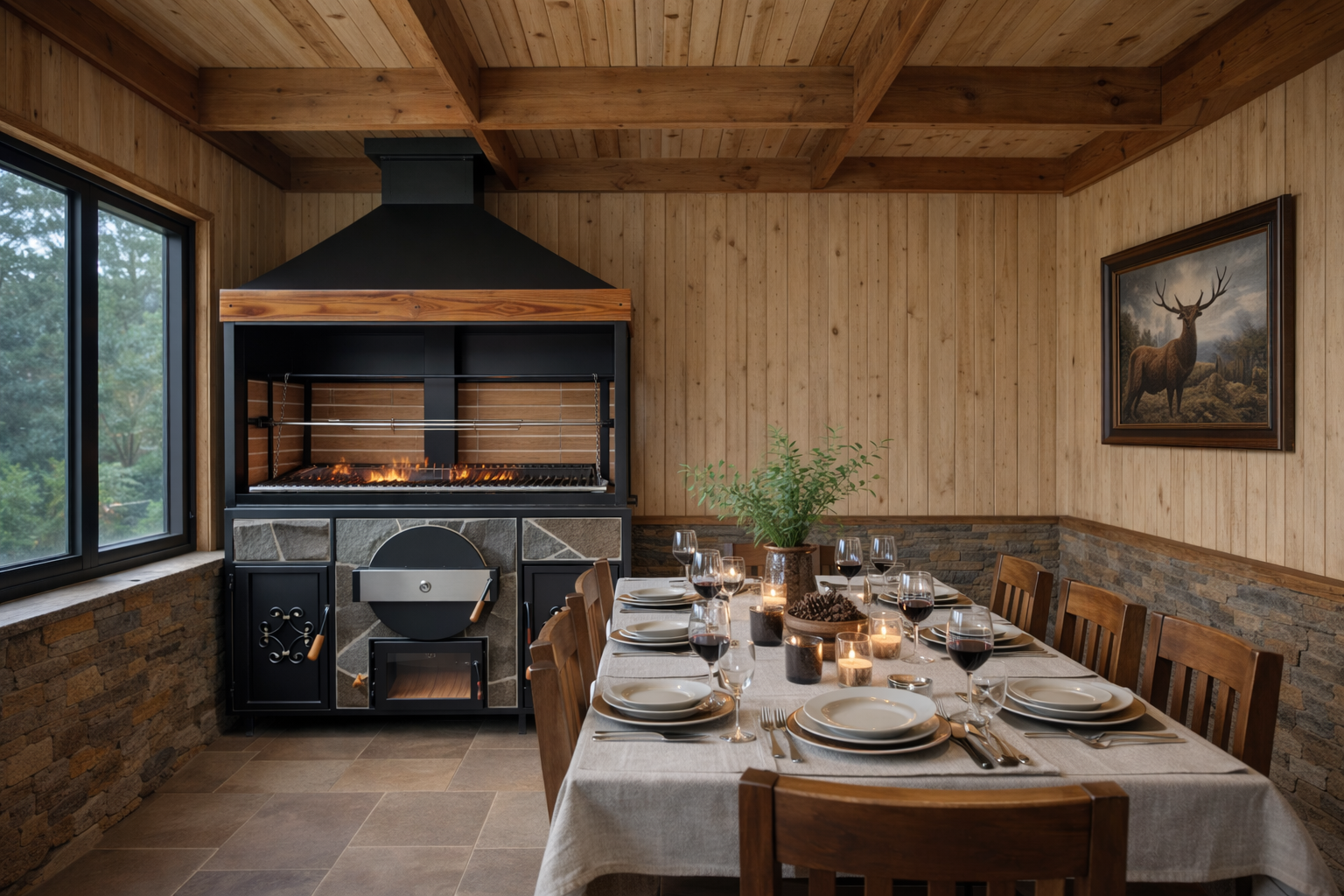 Casa Paillalef quincho premium con mesa posta para 8 personas - Diseño rústico elegante Villarrica sur de Chile zona lacustre