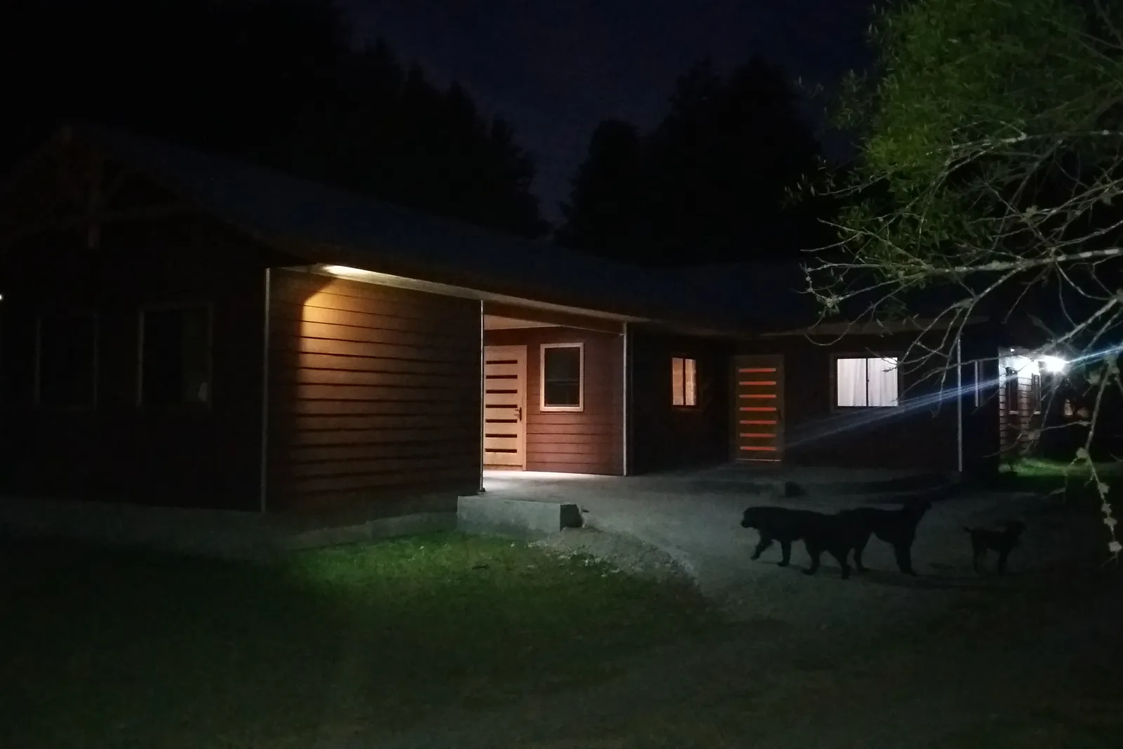 Casa terminada de noche con iluminación exterior encendida