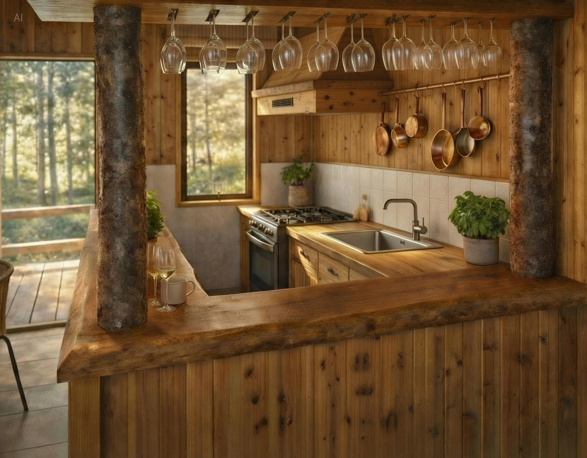 Cocina Modelo Panguilef - Diseño rústico de madera con columnas de tronco natural y cocina equipada con electrodomésticos de acero inoxidable